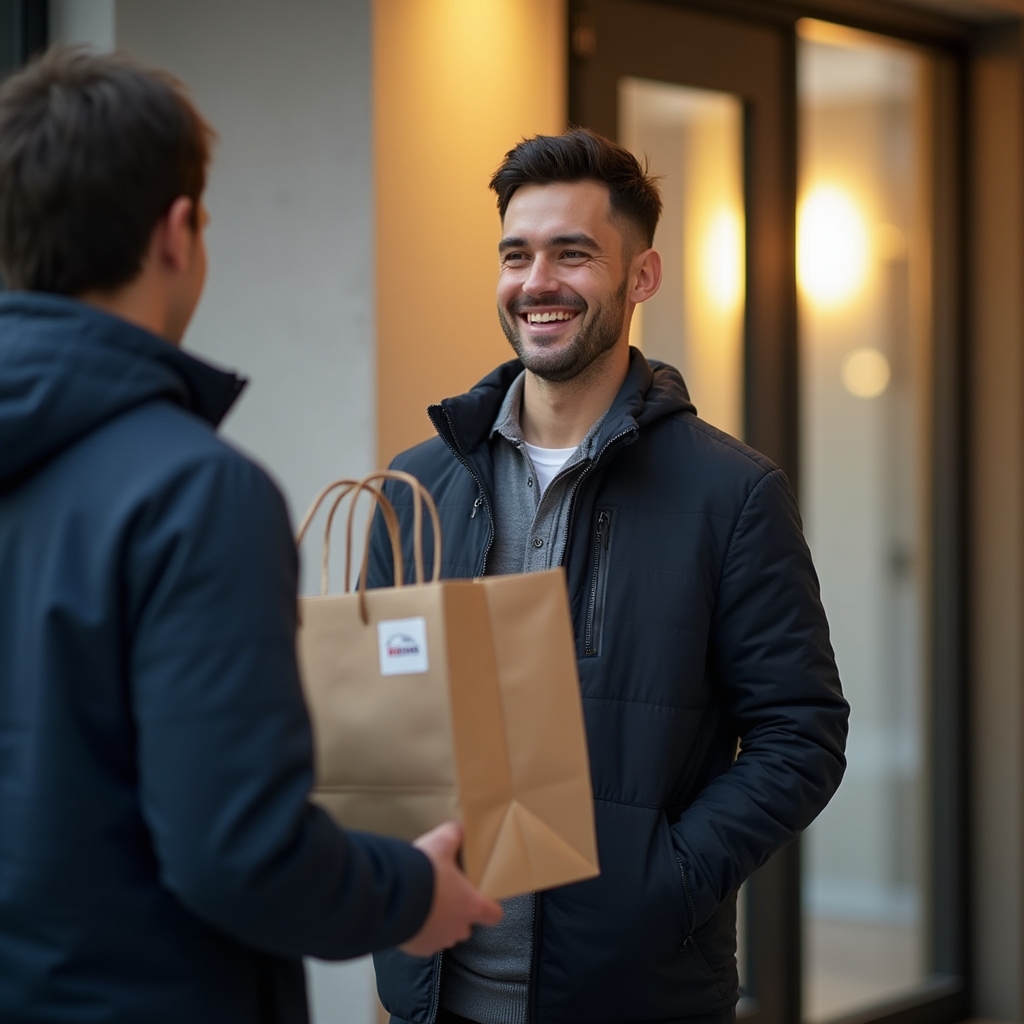 Покупатель получает заказ с домашней едой