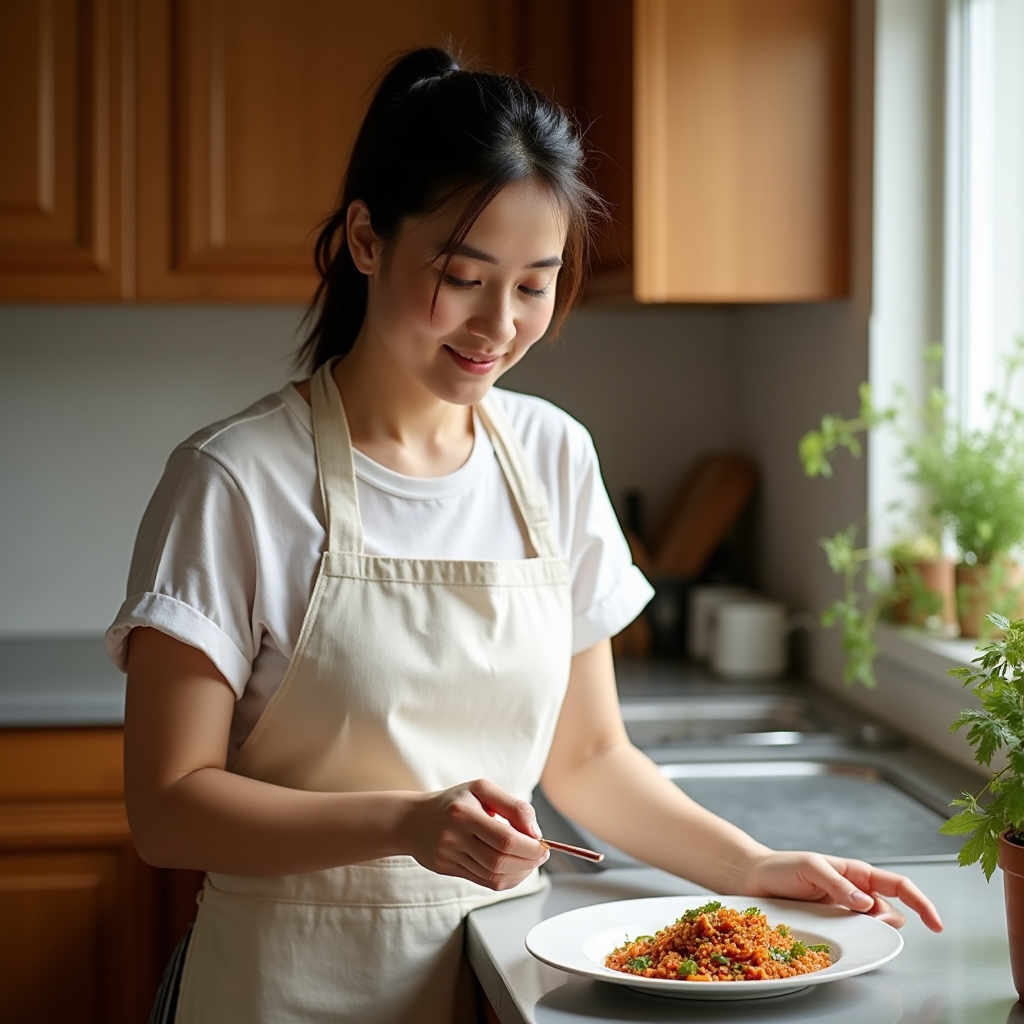 Домашний повар готовит блюдо на кухне