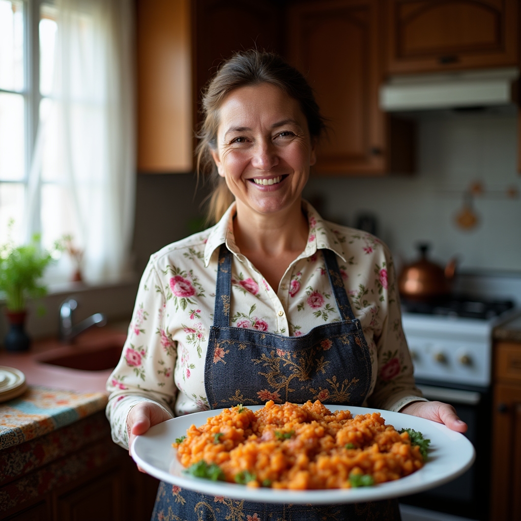 Домашний повар с готовым блюдом на кухне